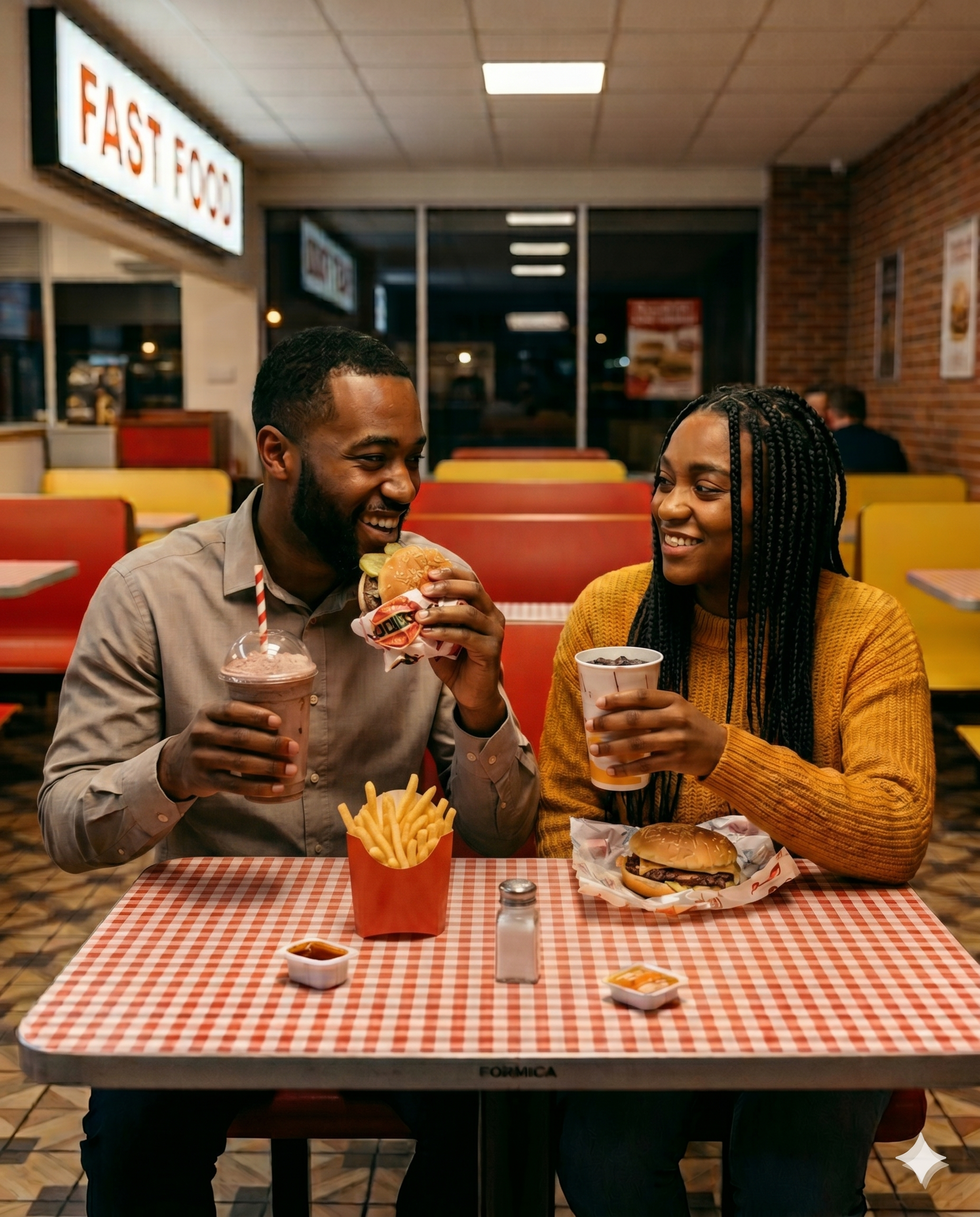 Couple sharing fast food at a diner